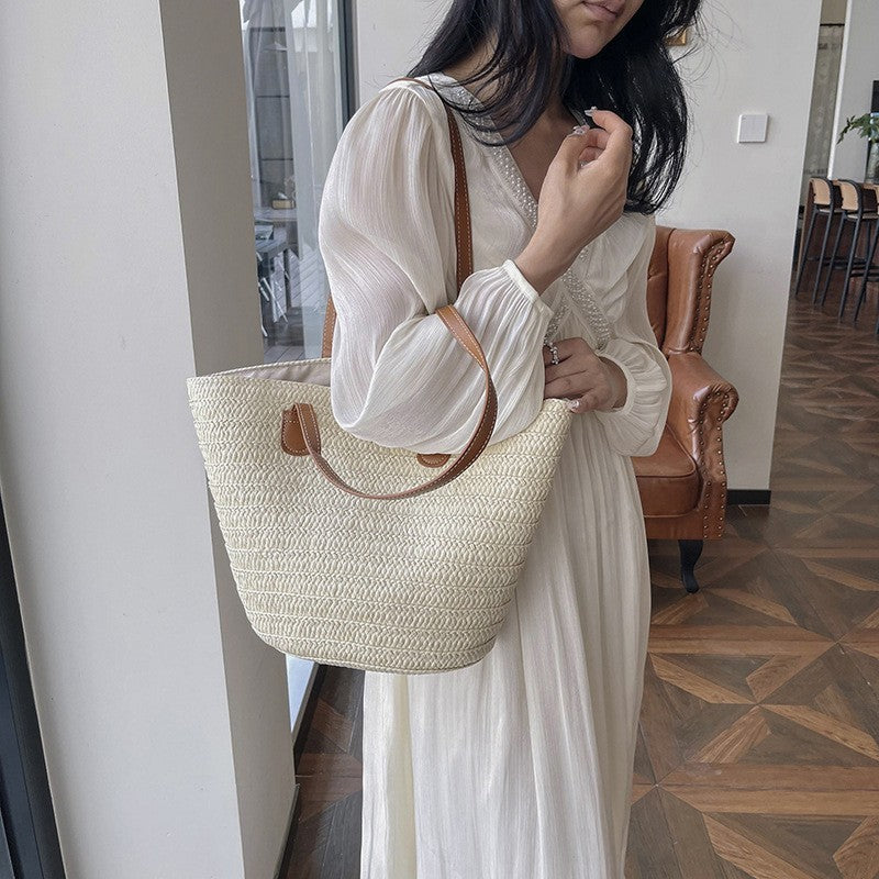 Women’s Large Capacity Paper Woven Shoulder Bag Summer Basket Handbag Beige