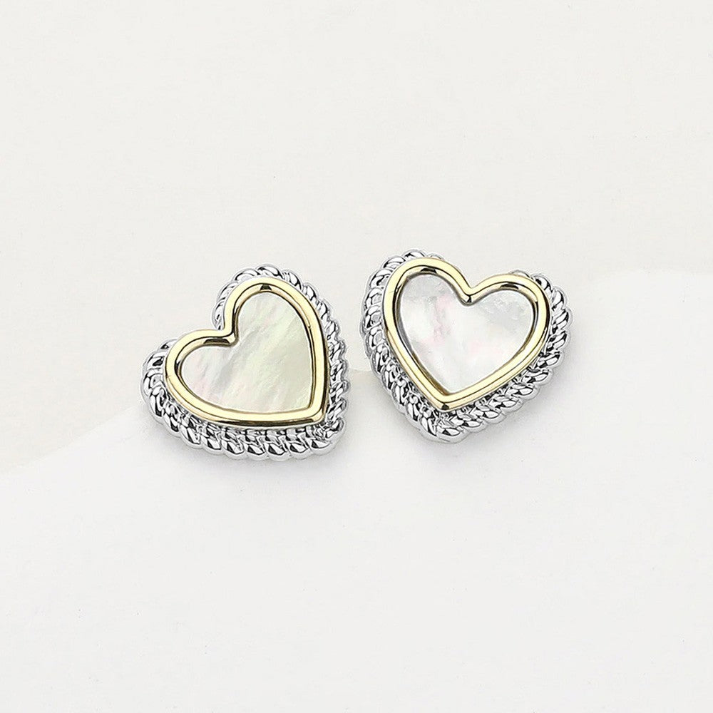 14K Gold Plated Two Tone Mother of Pearl Heart Shaped Stud Earrings for Women