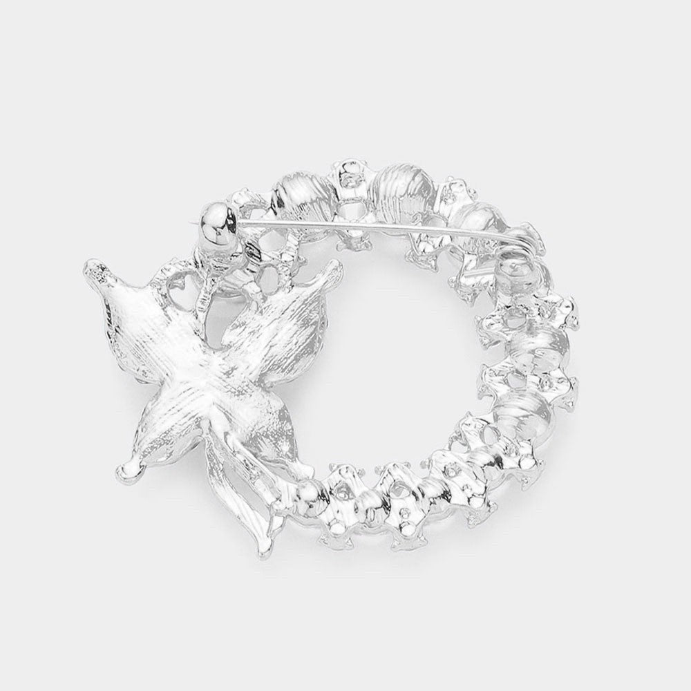Silver Tone Butterfly Faux Pearl Wreath Brooch Rhinestone Bridal Pin Jewelry