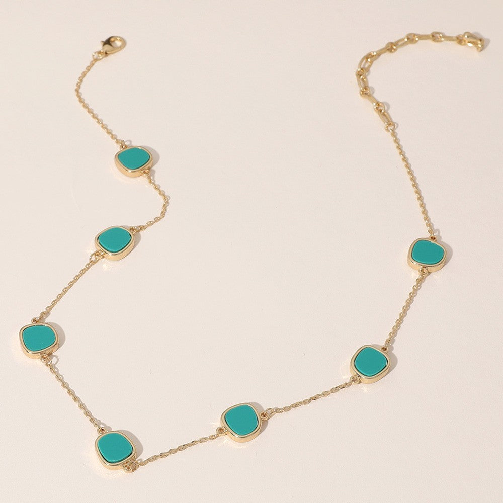Gold Tone Turquoise Stone Station Necklace Minimalist Boho Dainty Style Jewelry