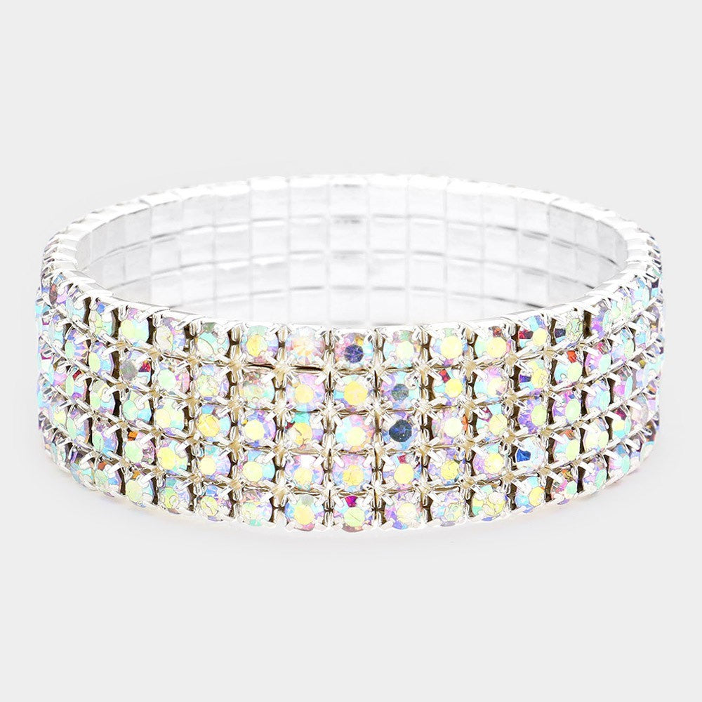 Silver Tone 5-Row Crystal Rhinestone Prong Set Stretchable Bracelet for Womens