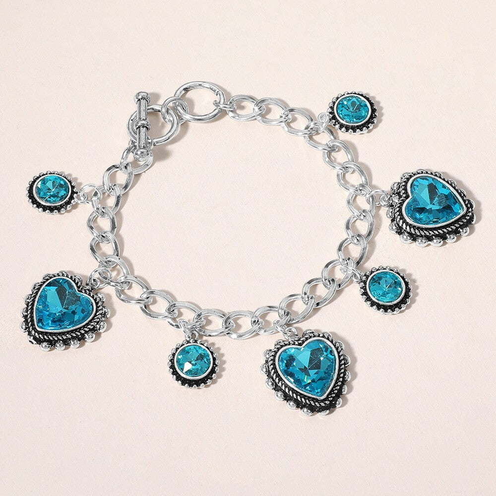 Antique Silver Heart and Stone Charm Toggle Bracelet for Women