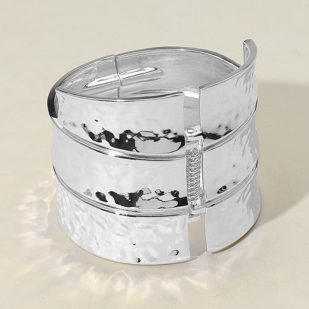 Bold Wide Textured Silver Tone Metal Hinged Bangle Bracelet for Women
