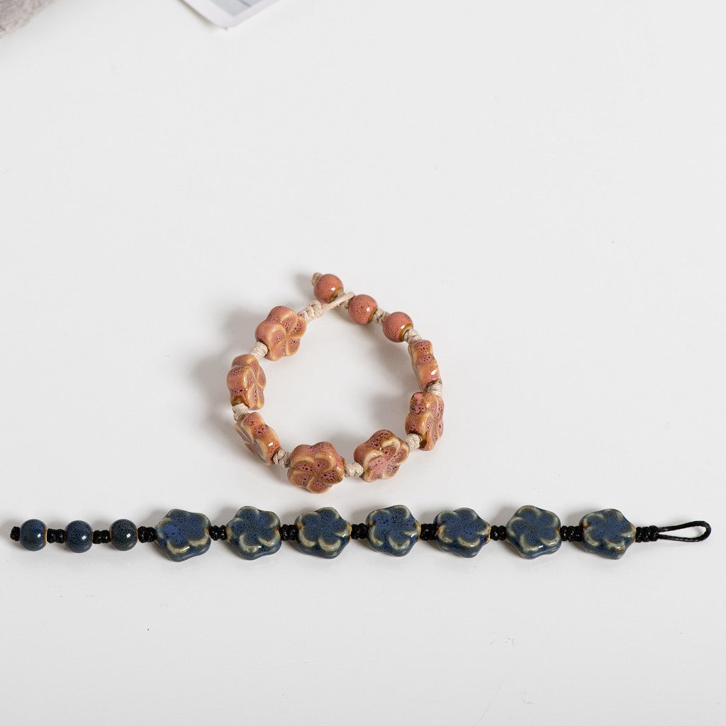 2Pc Handmade Ceramic Bracelet Set Glazed Pottery Pink & Blue Flower Bead Jewelry