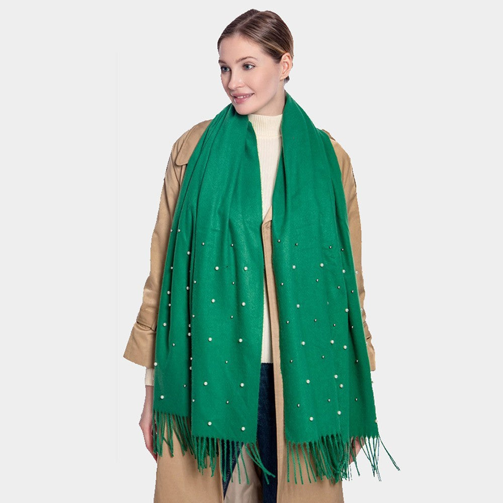 Pearl Embellished Solid Fringe Trim Oblong Scarf for Women Green 26.5" X 74.8"