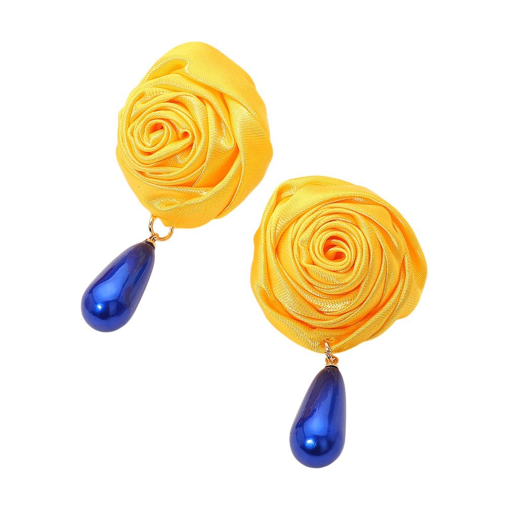 Dangle Satin Yellow Rose Drop Earrings with Blue Teardrop Faux Pearls for Women