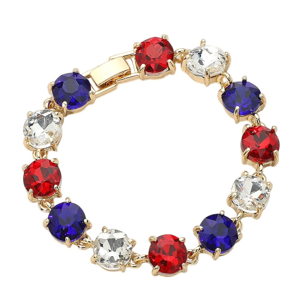 Red White and Blue Crystal Link Bracelet Gold Tone Patriotic Statement Jewelry