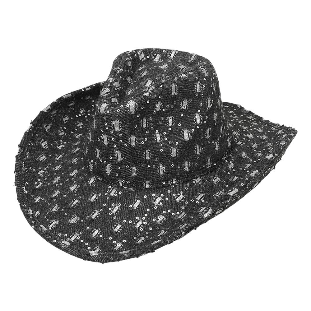 Sequin Distressed Denim Cowboy Hat - 100% Cotton Black Sparkle Western Fedora