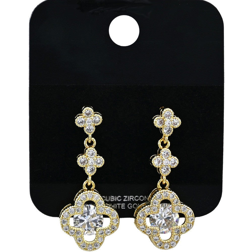 Clover Dangle Drop Earrings Cubic Zirconia Gold Tone Women's Fashion Jewelry