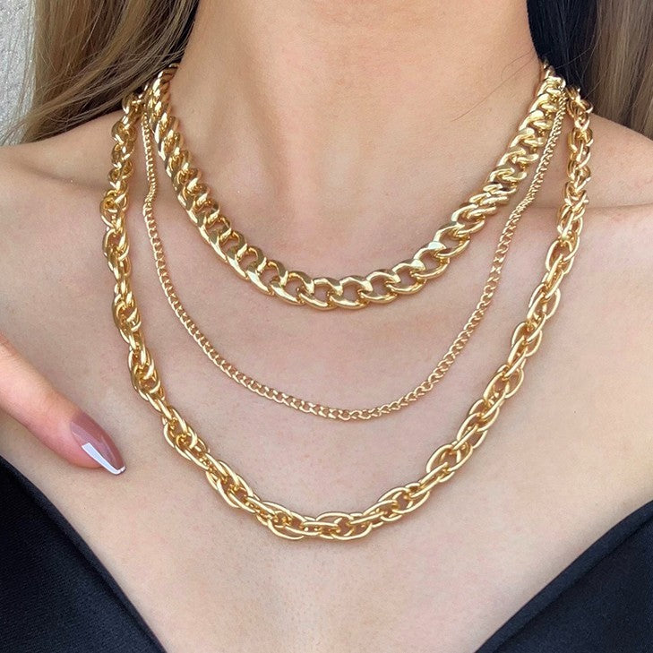 Gold Tone Layered Curb & Cable Chain Statement Necklace