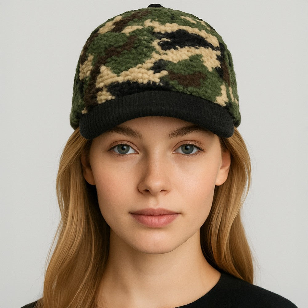 2 Piece Women's OS Corduroy Brim Camouflage Print Teddy Bear Baseball Cap