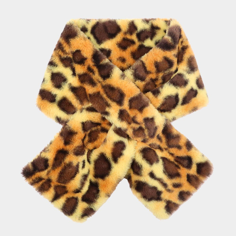 Leopard Print Faux Fur Pull Through Scarf Warm Winter Soft Cozy Wrap Shawl