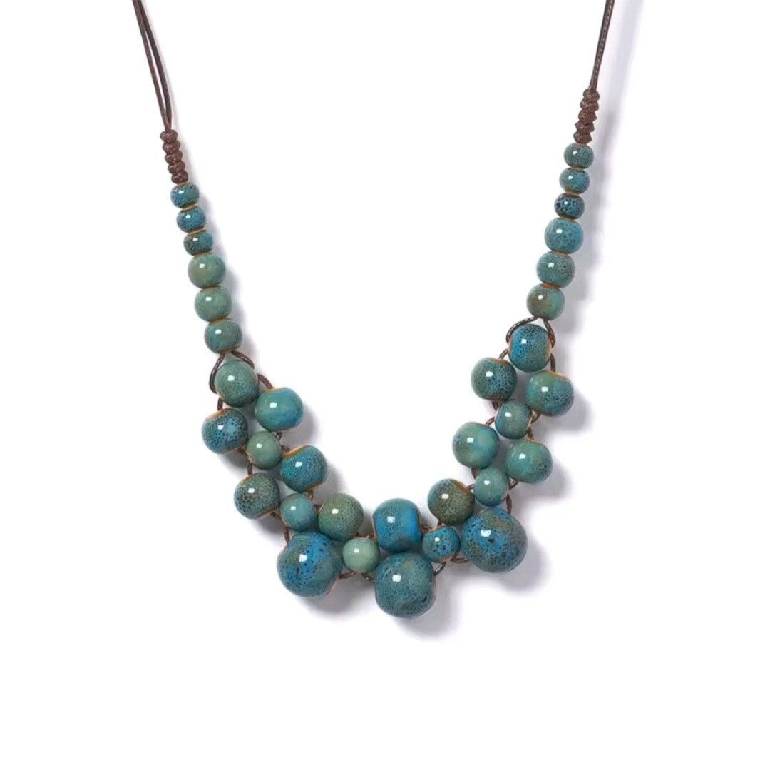 Blue Multilayer Beaded Ceramic Necklace Adjustable Boho Statement Jewelry