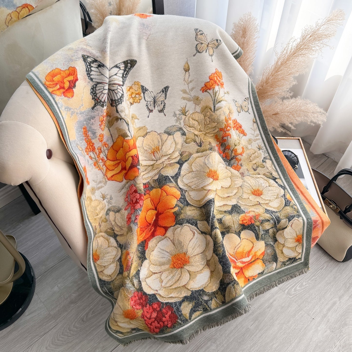 Reversible Floral Butterfly Shawl Scarf Wrap Jacquard Knit Wool Blend Scarves