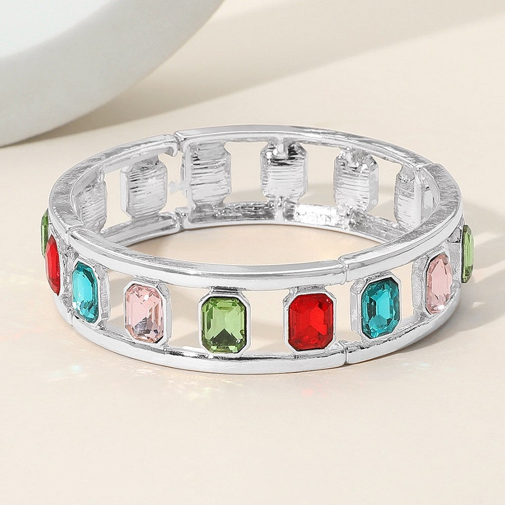 Multicolor Crystal Emerald Cut Stretch Bangle Bracelet Silver Tone 0.6 Inch High
