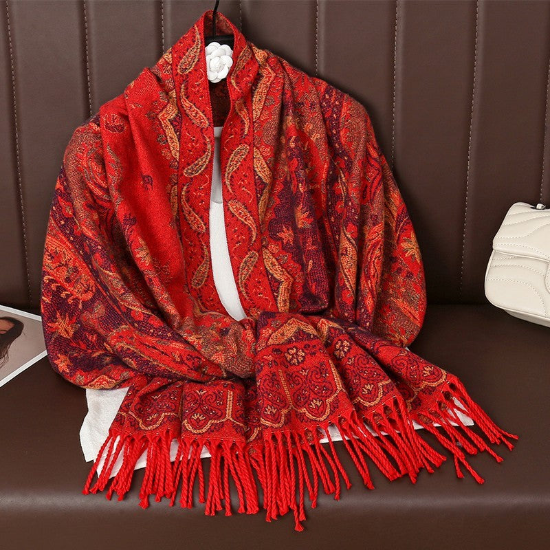 Red Paisley Shawl Wrap Scarf Extra Large Polyester Stole with Tassels 71" x 25.6