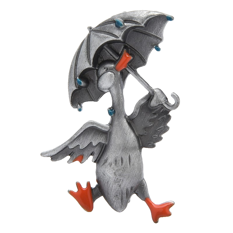 2PCs Duck & Umbrella Brooch Pin Set Vintage Style Gold and Silver Tone Jewelry