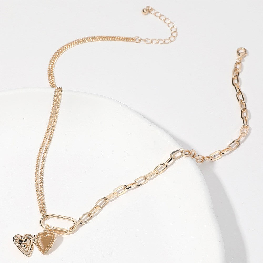 Gold Stone Paved Heart Locket Carabiner Charm Half Paper Clip Chain Necklace