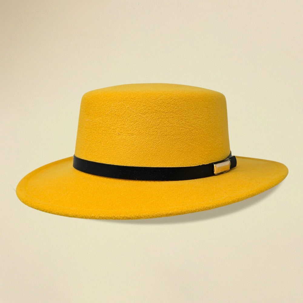 Sunshine Yellow Flat Top Fedora Hat Wide Brim Cotton Blend Bowler Style