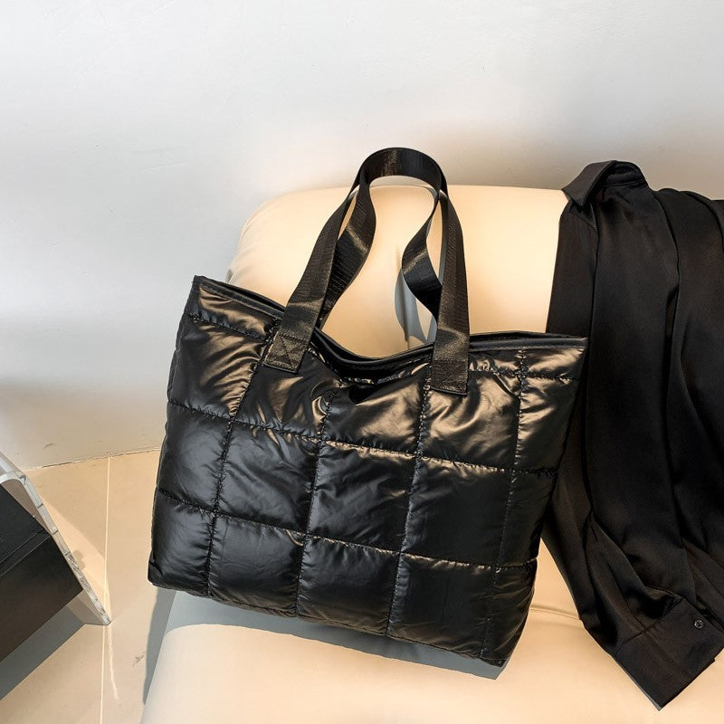 Black Quilted Puffer Tote Bag Shoulder Handbag Zipper Closure Carryall Purse