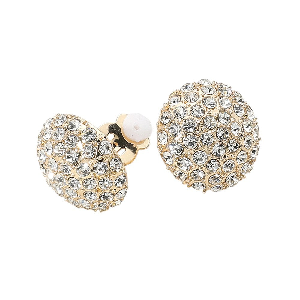 Sparkling Full Pavé Round Crystal Button Clip On Statement Earrings Gold Tone
