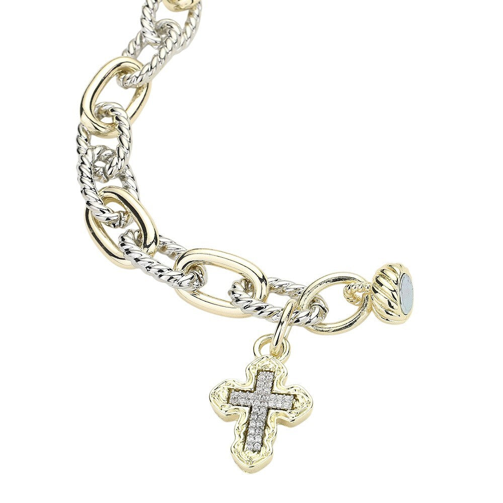14K Gold Plated Two Tone CZ Cross Charm Chunky Magnetic Chain Bracelet for Women