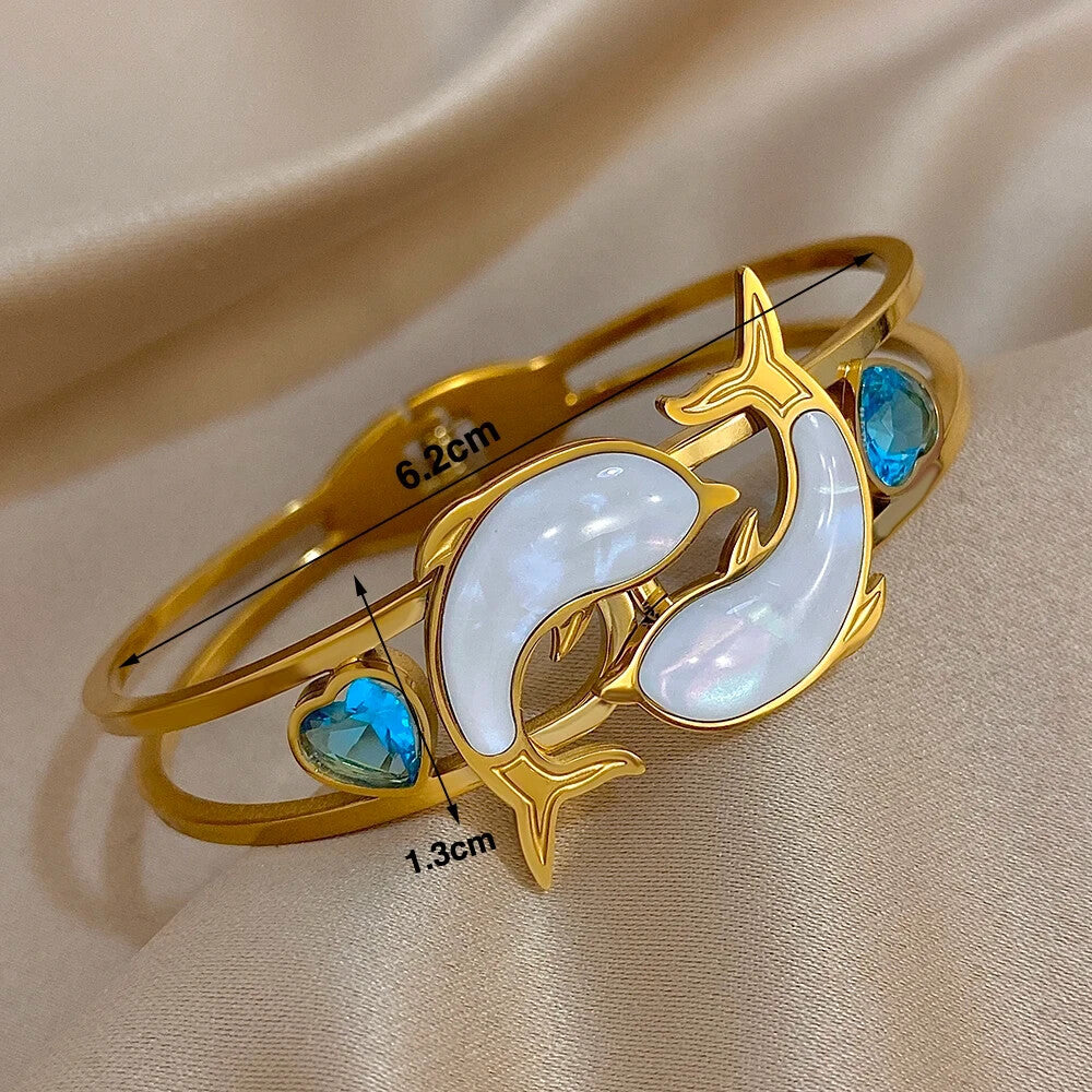 Stainless Steel Dolphin Charm Hinge Gold Tone Bracelet for Women