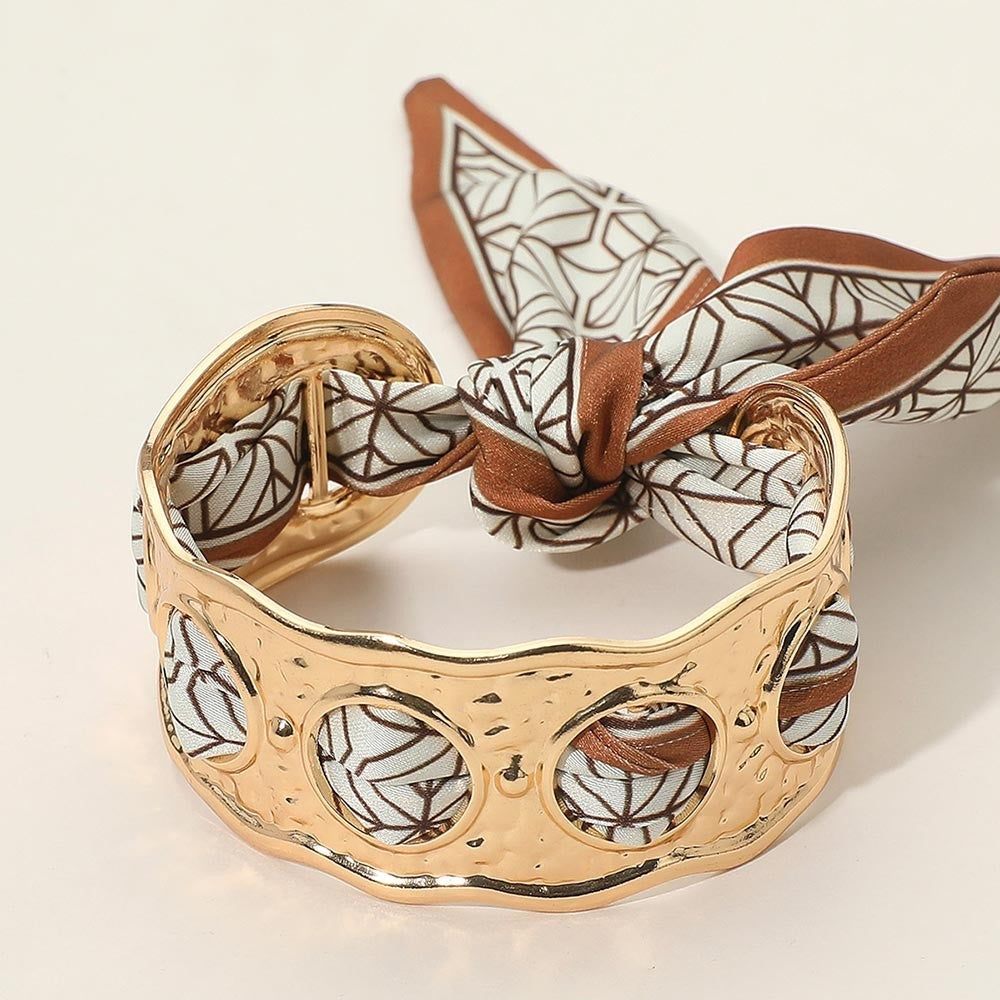 2PCS Gold Hammered Metal Cuff Bracelet with Scarf Tie Elegant Statement Jewelry