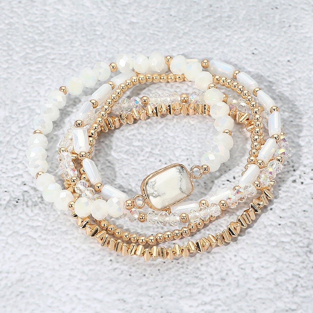 5PCS Stone Charm Faceted Beaded Stretch Bracelets Set for Women Multi Layered