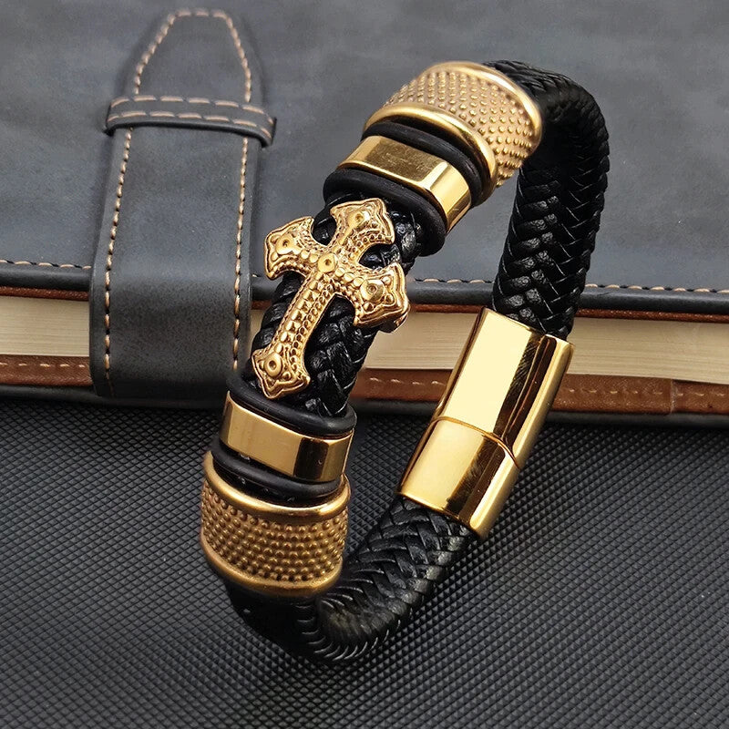Fashion Gold-Plated Cross Leather Bracelet Unisex 7.2 inches Mens Wrap Bracelets