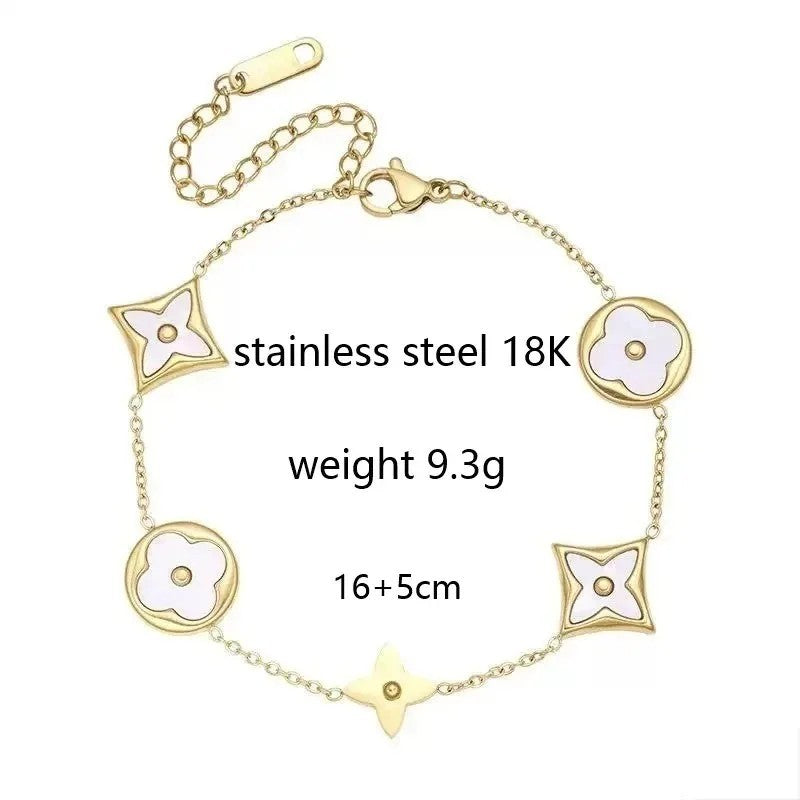 18K Gold Plated Stainless Steel Clover Star Charm Bracelet Mother of Pearl Adjus
