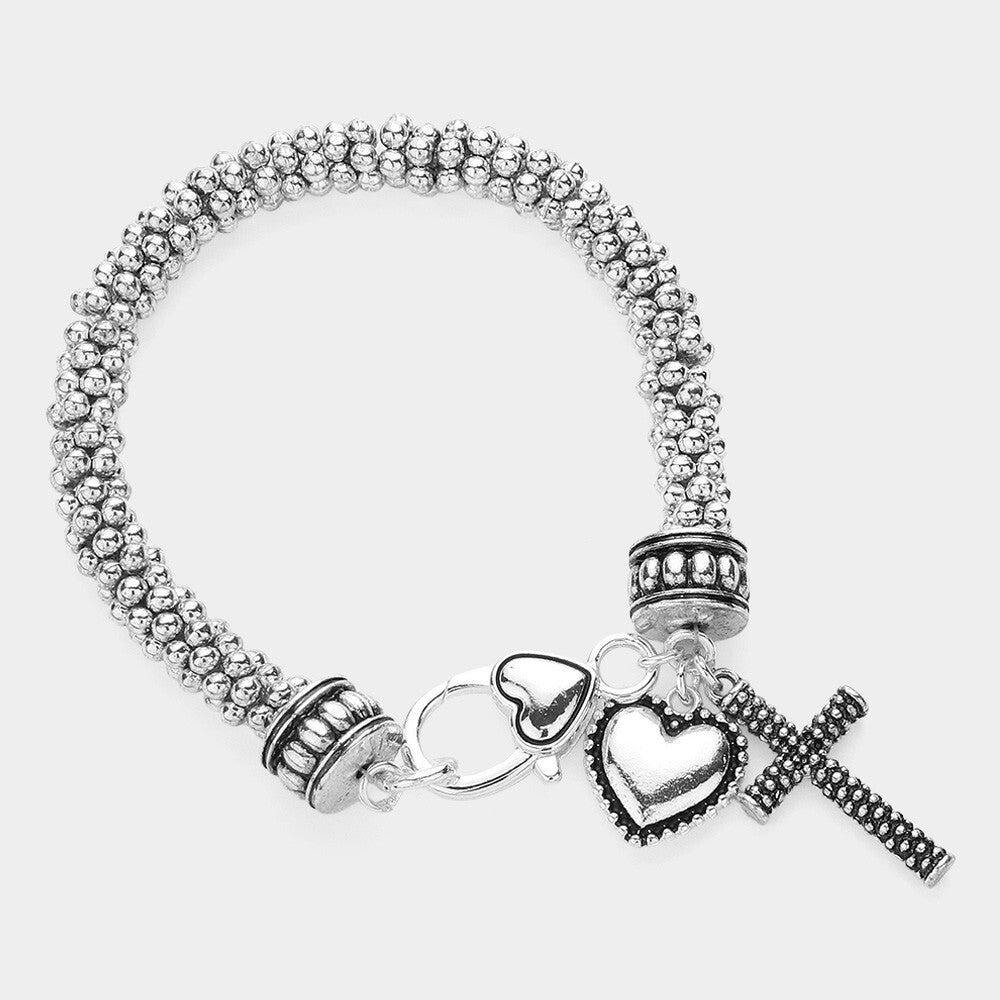 Antique Metal Heart Cross Charm Bracelet Religious Vintage Style Jewelry