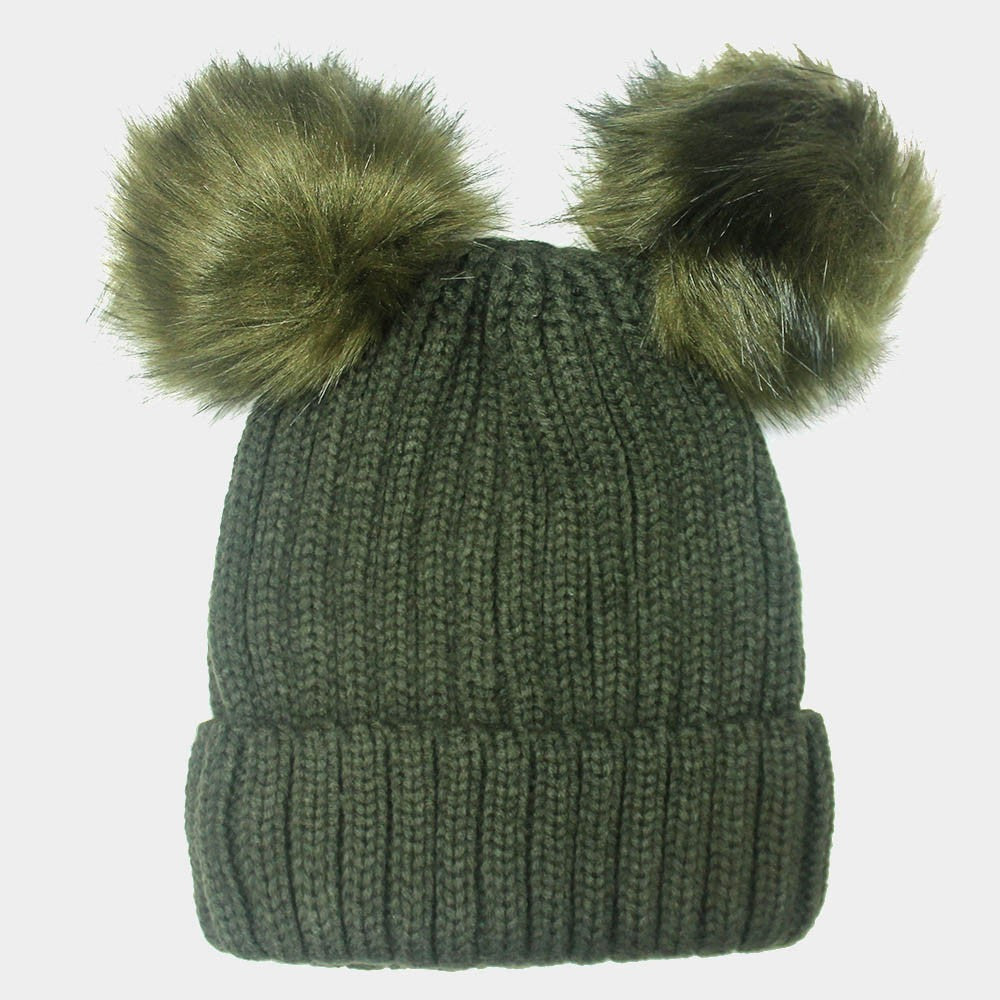 Women’s Double Pom Pom Knit Beanie Hat Cute Soft Winter Casual Hat Green