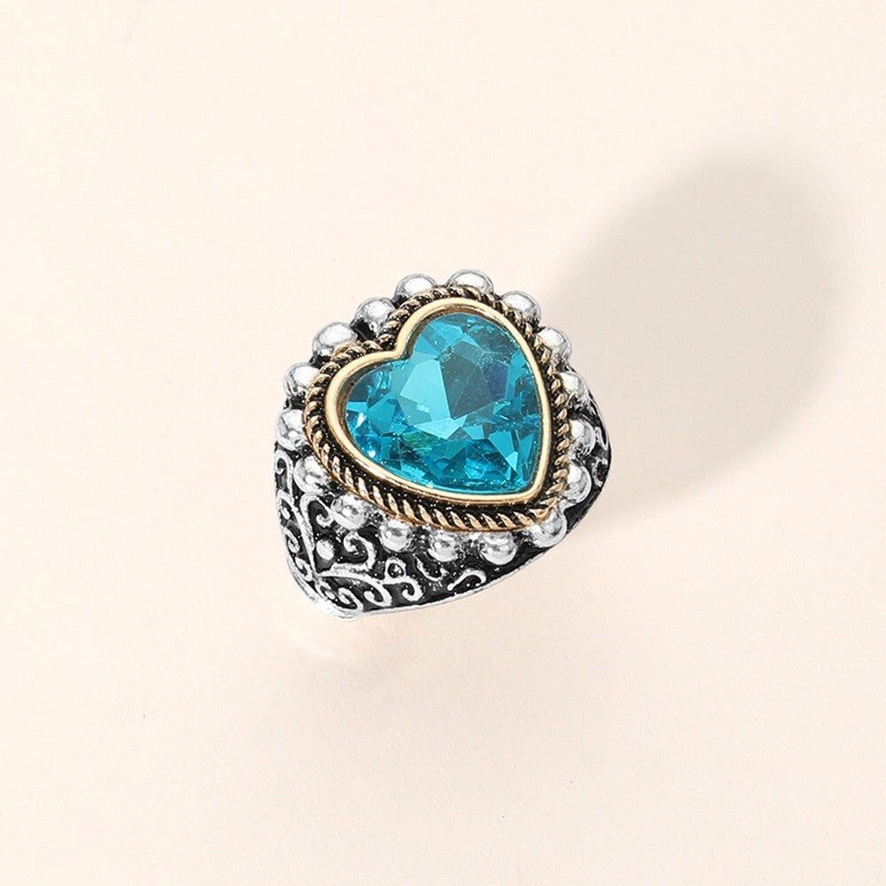 Antique Metal Heart Stone Stretch Ring for Women Adjustable Vintage Fashion Chic