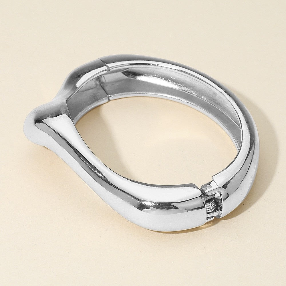 Polished Silver Tone Organic Wave Shaped Sculptural Hinge Statement Bangle