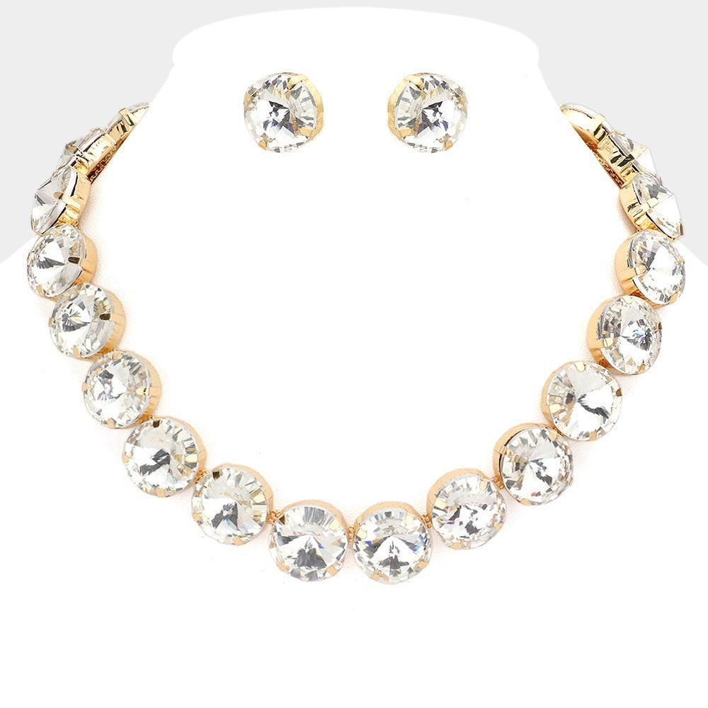Round Stone Link Evening Collet Necklace with Stud Earrings Set for Women Gold