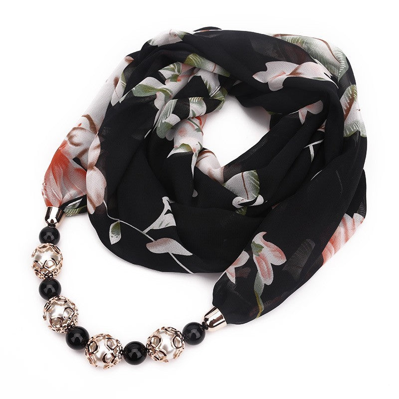 Women Floral Chiffon Scarf Necklace Black Beaded Pendant Wrap Shawl Jewelry