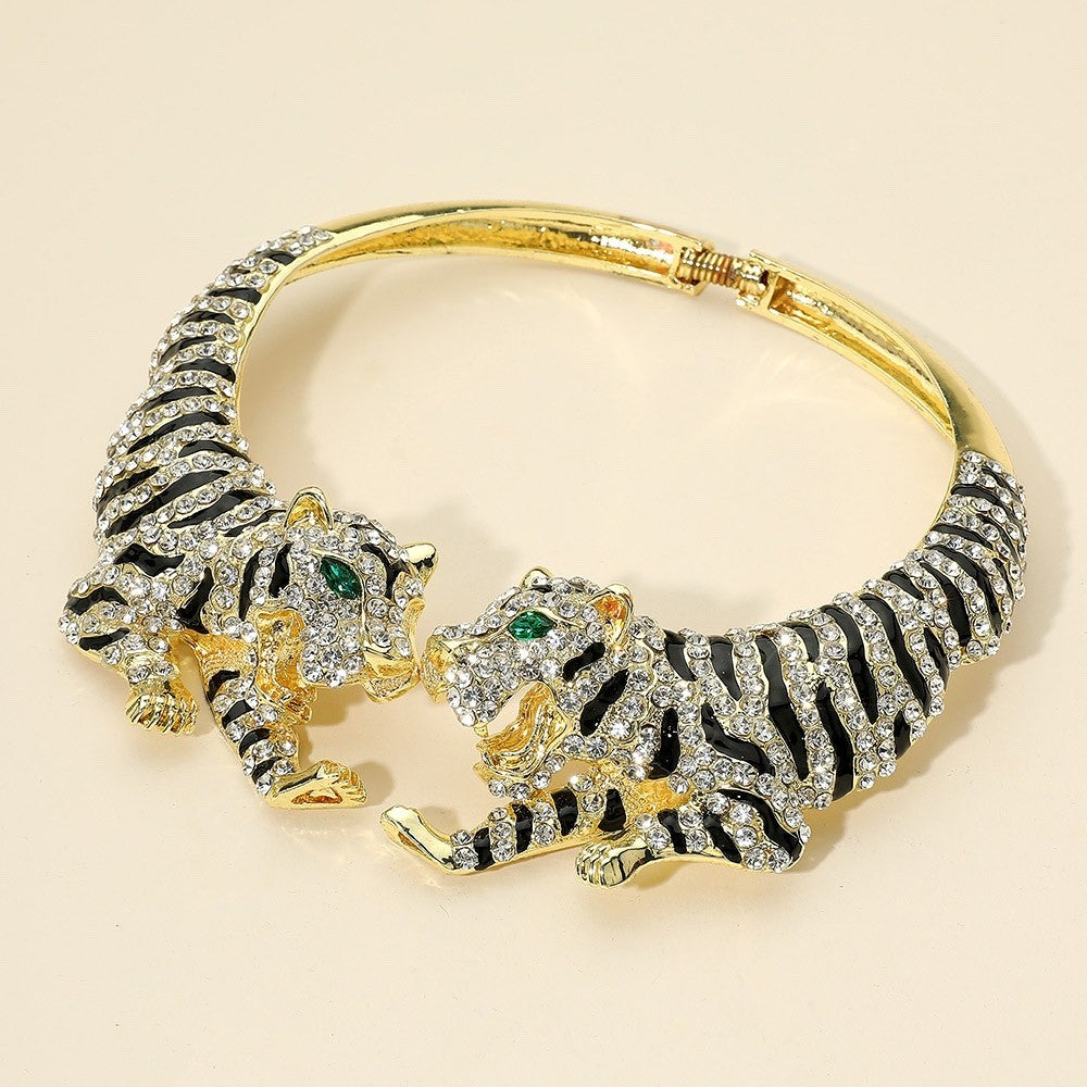 Gold Crystal Double Tiger Choker Necklace Statement Jungle Cat Power Jewelry