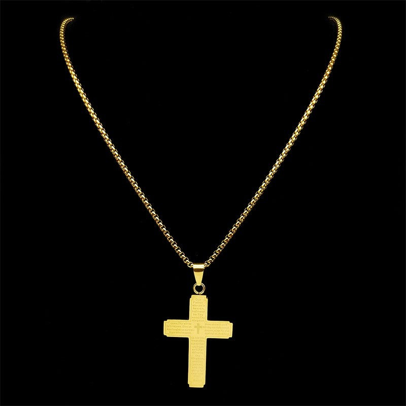 Gold Stainless Steel Cross Pendant Necklace with Lord’s Prayer Engraving Christi