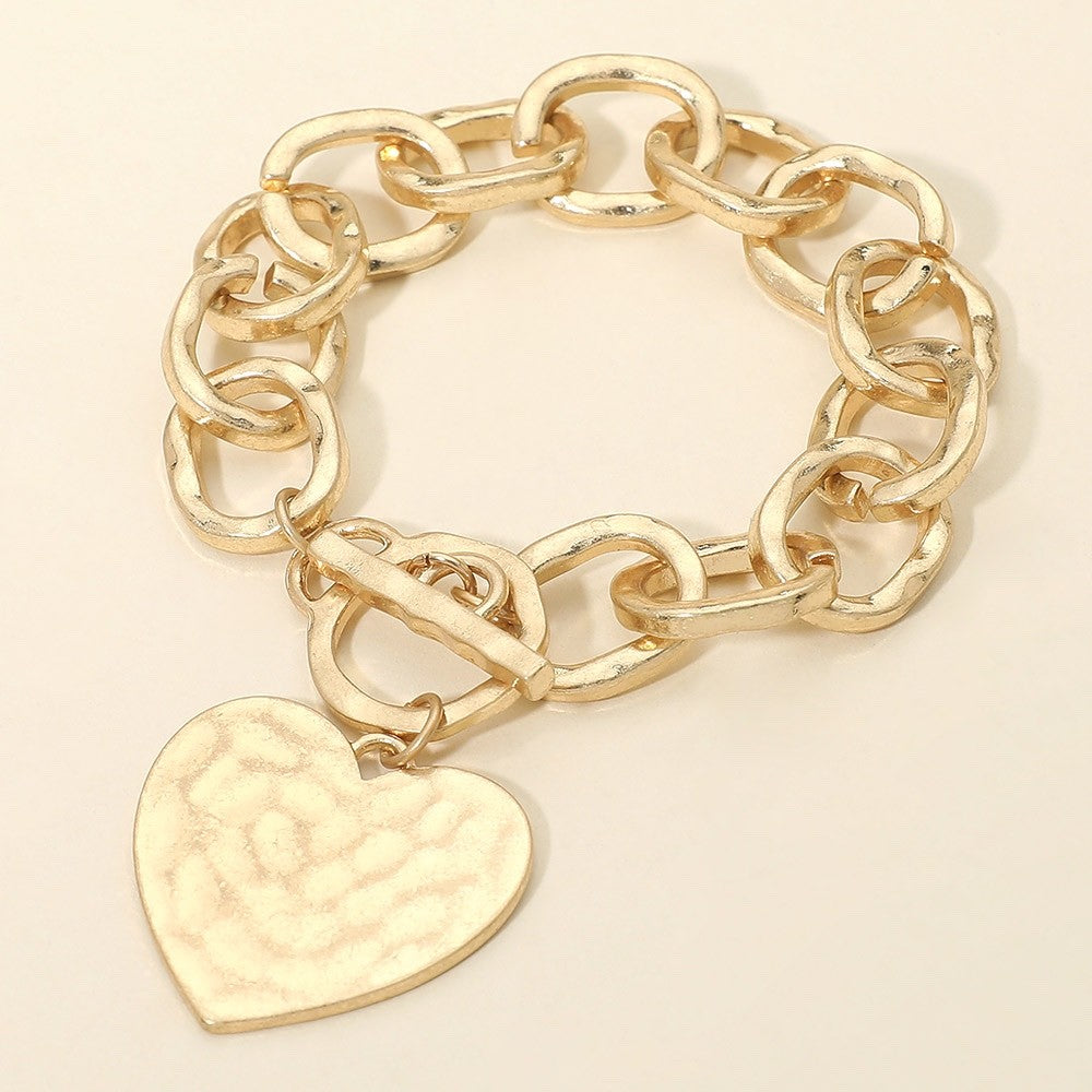 Gold Tone Hammered Heart Charm Toggle Clasp Link Bracelet Fashion Jewelry