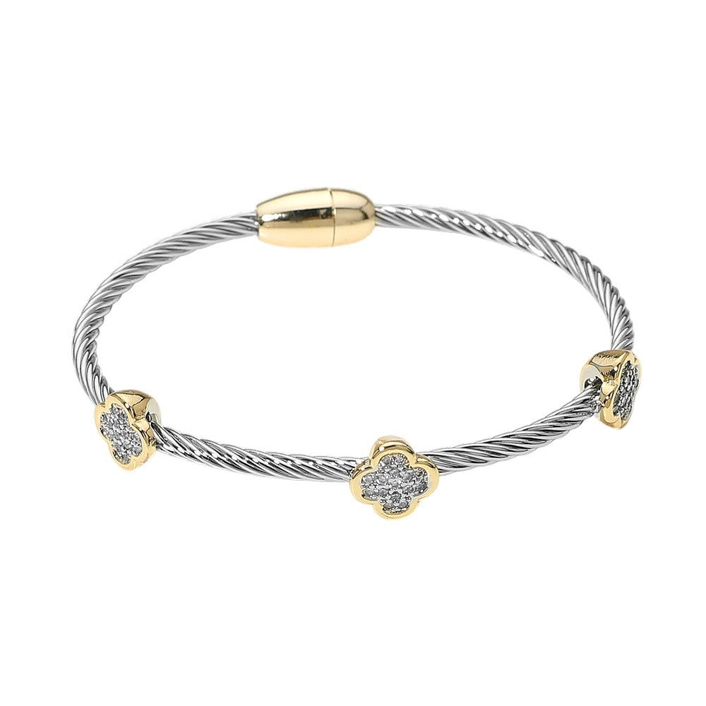 Silver Twisted Cable Wire Bangle Clover Charm Gold Magnetic Clasp 0.3" H 2.3" D