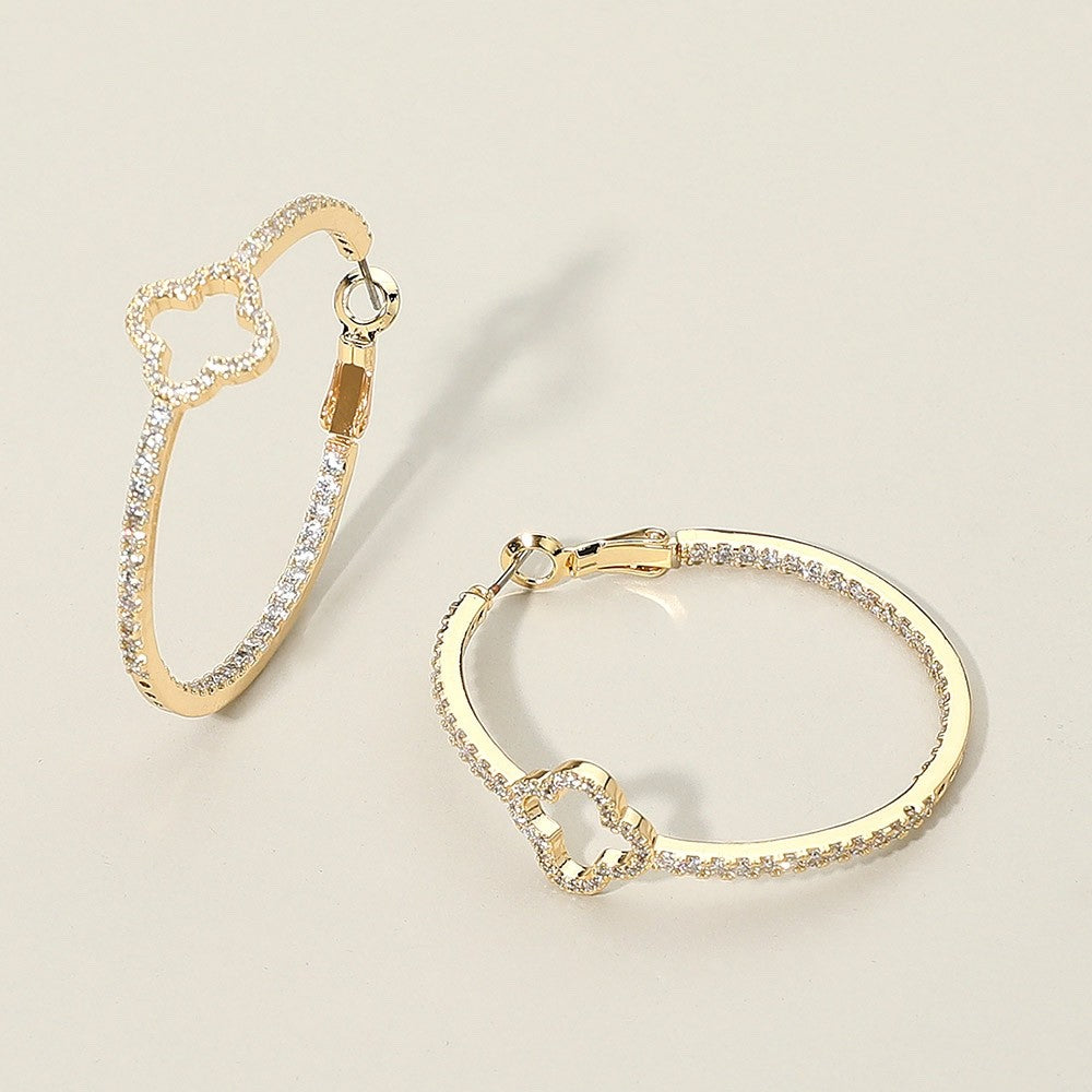 Elegant Gold Clover Hoop Earrings Sparkling Cubic Zirconia Pave Jewelry Gift