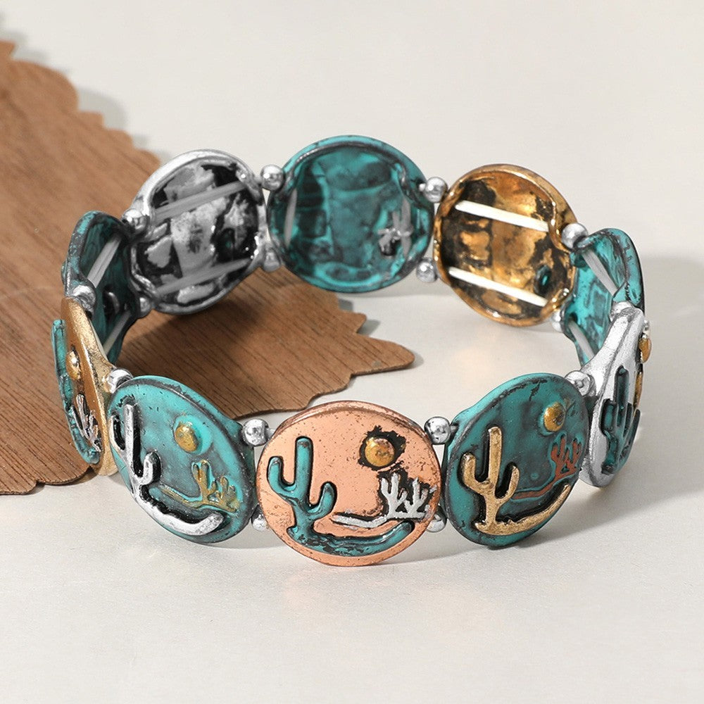 2PCS Western Cactus Embossed Stretch Bracelet Set Southwest Boho Jewelry Gift