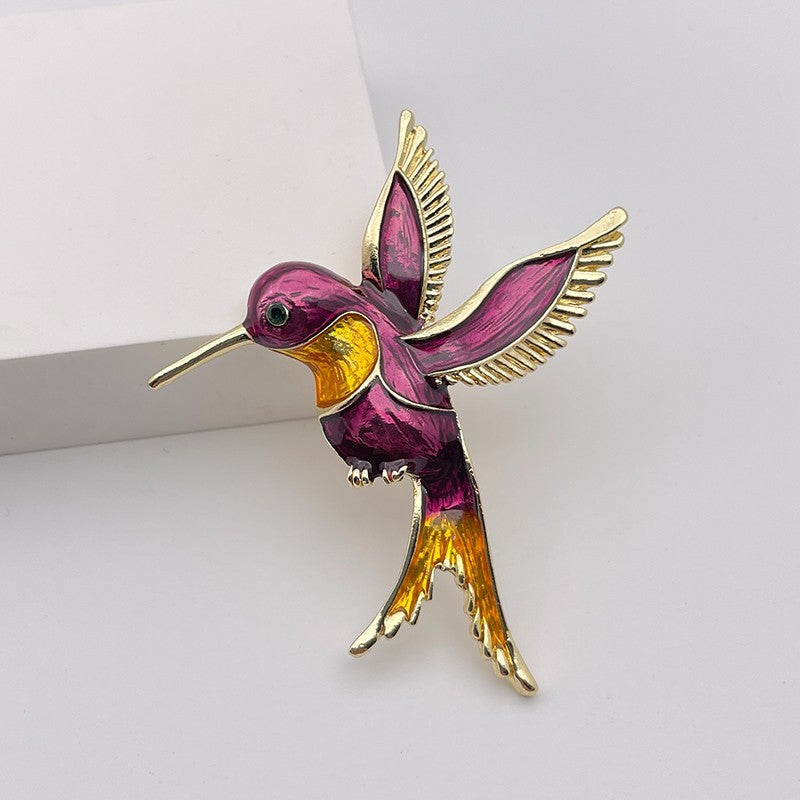 Vintage Style Hummingbird Brooch Pin Purple Yellow Enamel Gold Tone Bird Jewelry