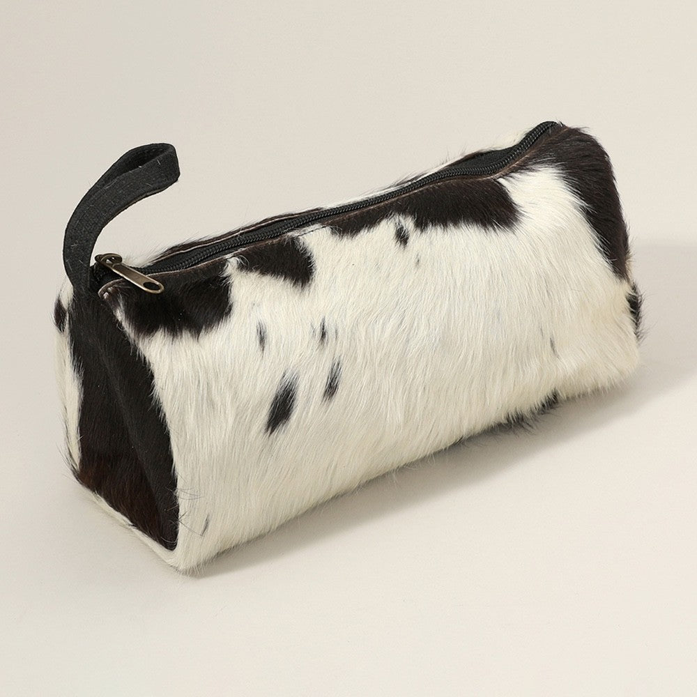 Genuine Hair-on-Hide Cowhide Makeup Bag with Zipper Closure 10" x 5" x 4.5"
