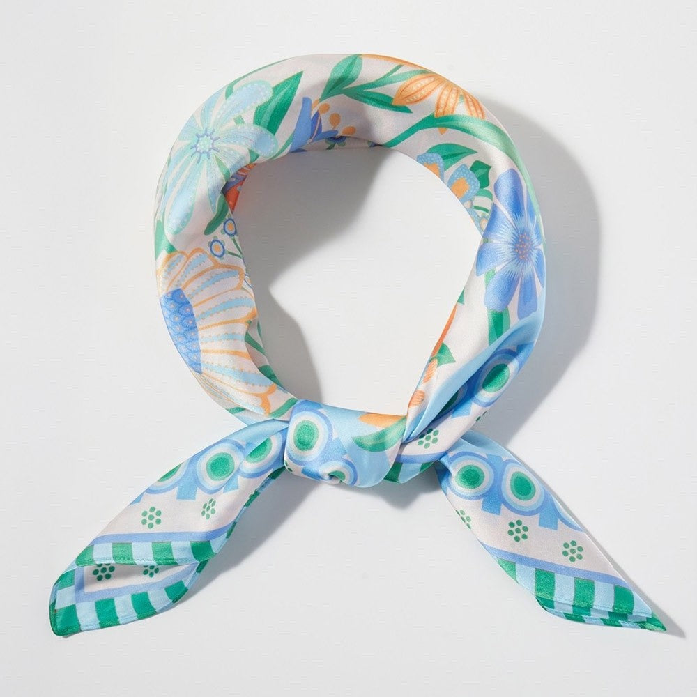 Whimsical Spring Floral Square Satin Scarf in Blue, Green, and Orange