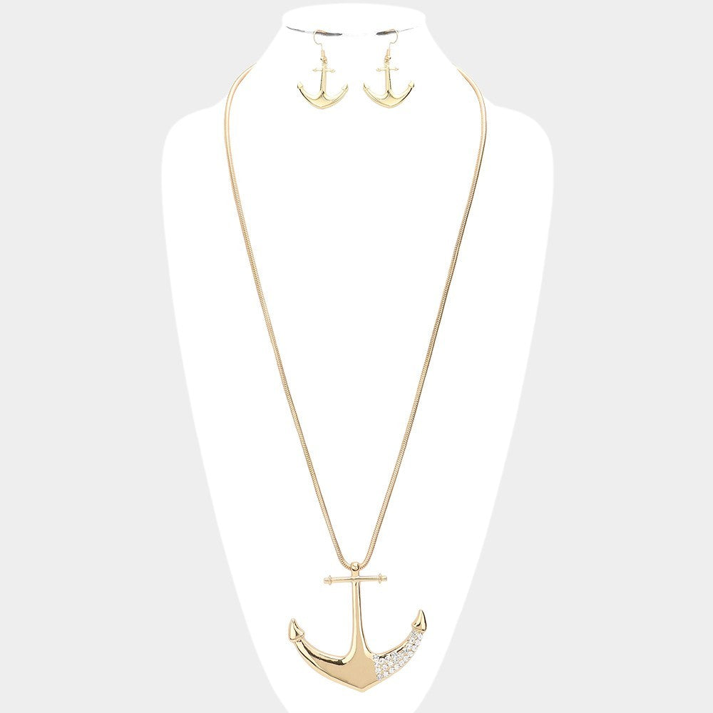 Anchor Pendant Long Necklace for Women Rhinestone Embellished Nautical Chain