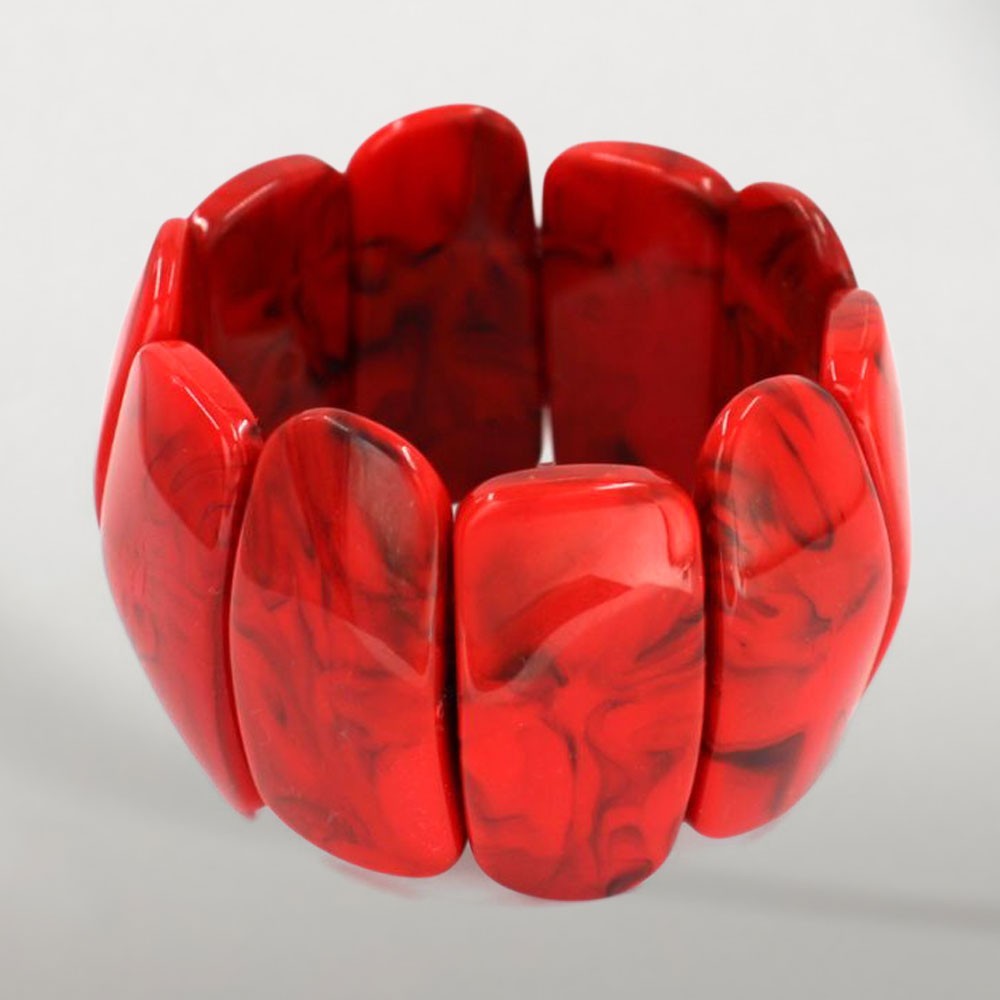 🎉2PCS Red Marbled Resin Stretch Bracelet Elastic Statement Jewelry Set