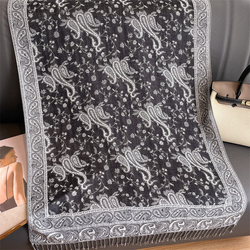 28X35 inch Thick Paisley Print Pashmina Scarf for Women Tassel Shawl Wrap Gray