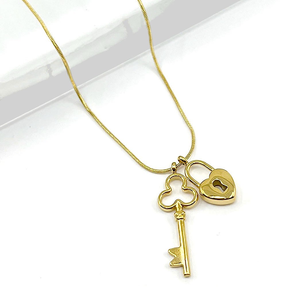 Gold Key to My Heart Lock & Key Pendant Necklace Stainless Steel Snake Chain
